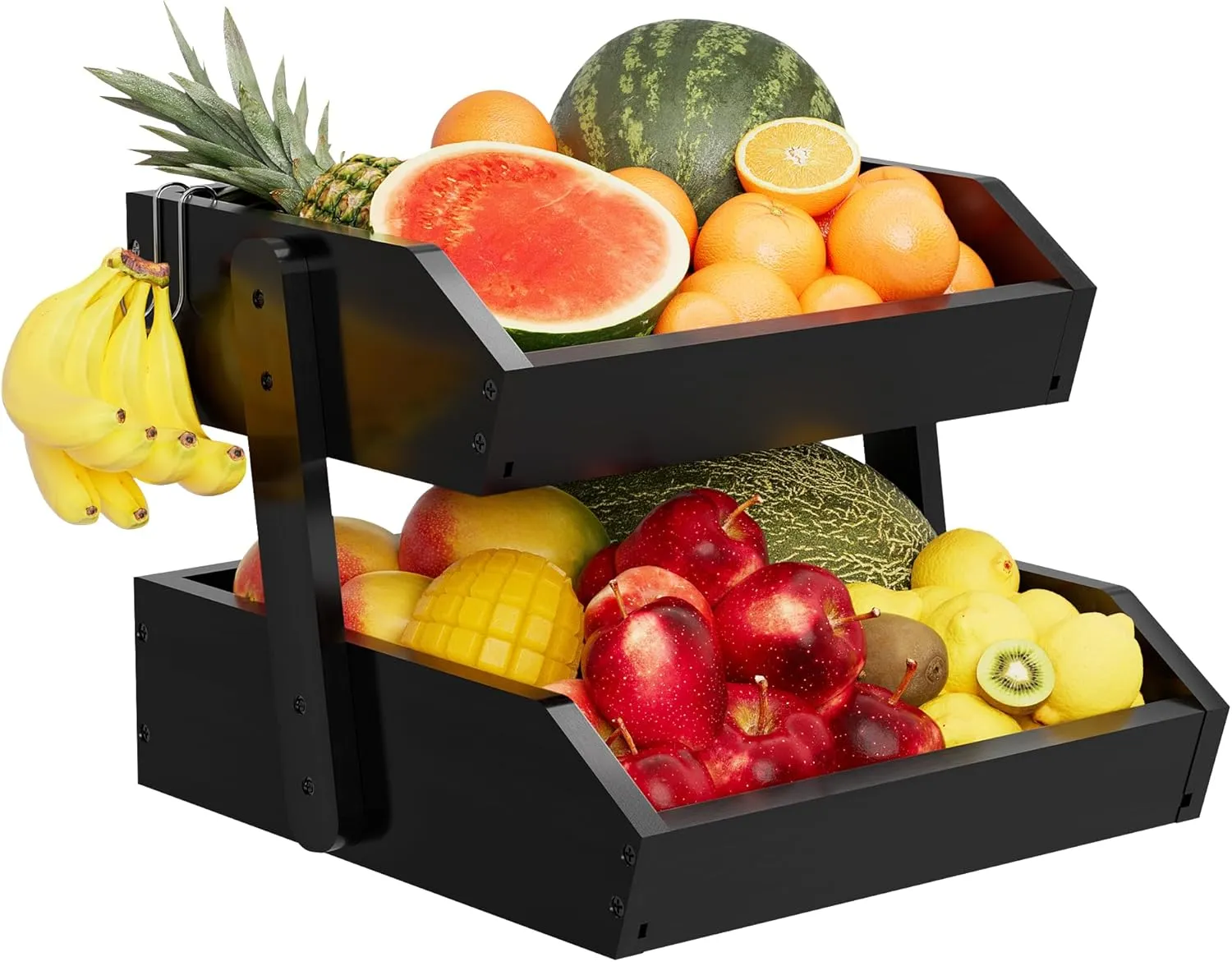Bamboo 2 Tier Fruit Basket With Two Banana Hook, Fruit And Vegetables Basket, Large Capacity Wood Fruit Bowls, Fruit Organizer For Kitchen Counter, Onion Storage, Bread Pantry (Black)