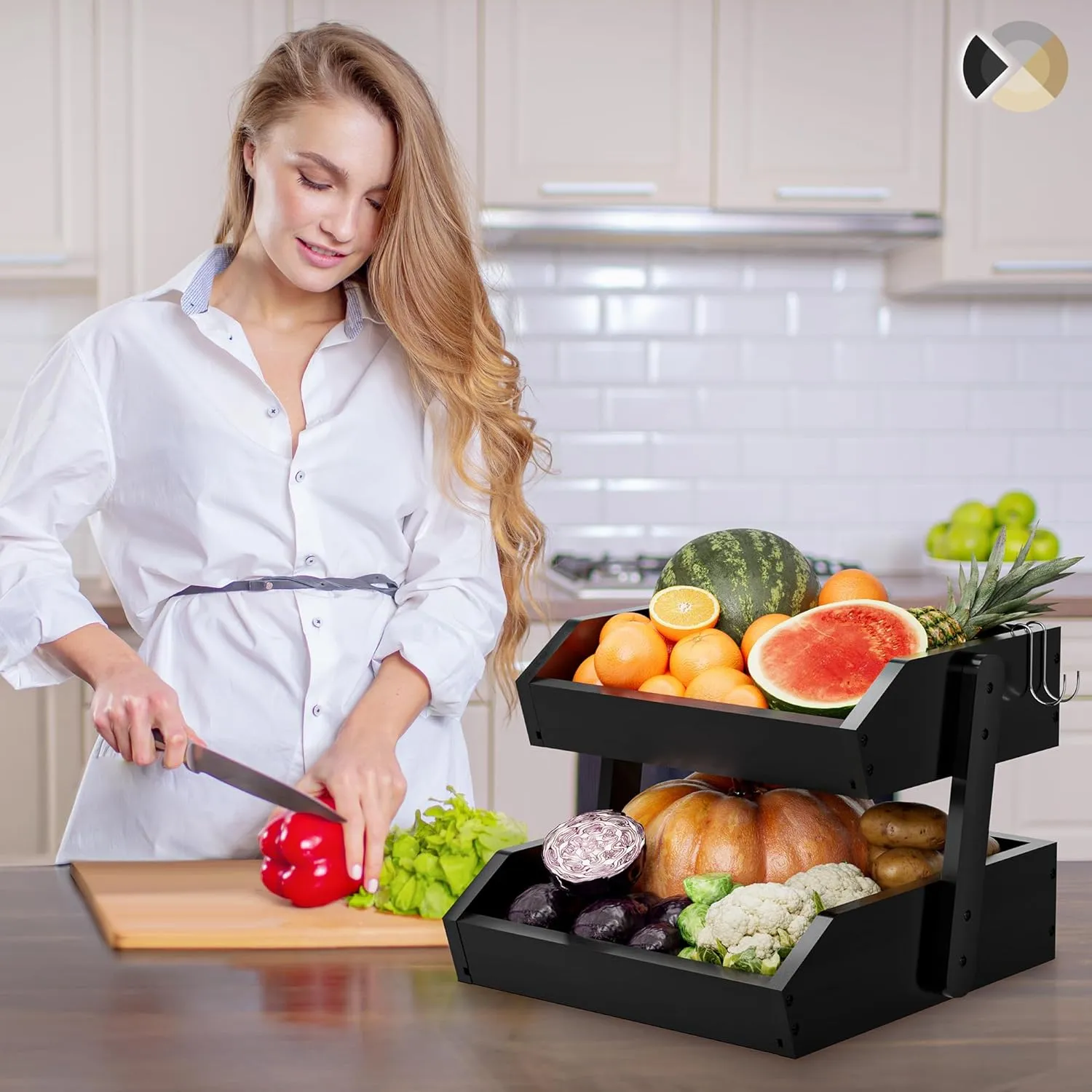 Bamboo 2 Tier Fruit Basket With Two Banana Hook, Fruit And Vegetables Basket, Large Capacity Wood Fruit Bowls, Fruit Organizer For Kitchen Counter, Onion Storage, Bread Pantry (Black)