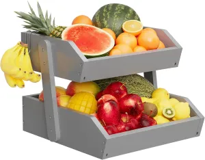 Bamboo 2 Tier Fruit Basket With Two Banana Hook, Fruit And Vegetables Basket, Large Capacity Wood Fruit Bowls, Fruit Organizer For Kitchen Counter, Onion Storage, Bread Pantry (Grey)