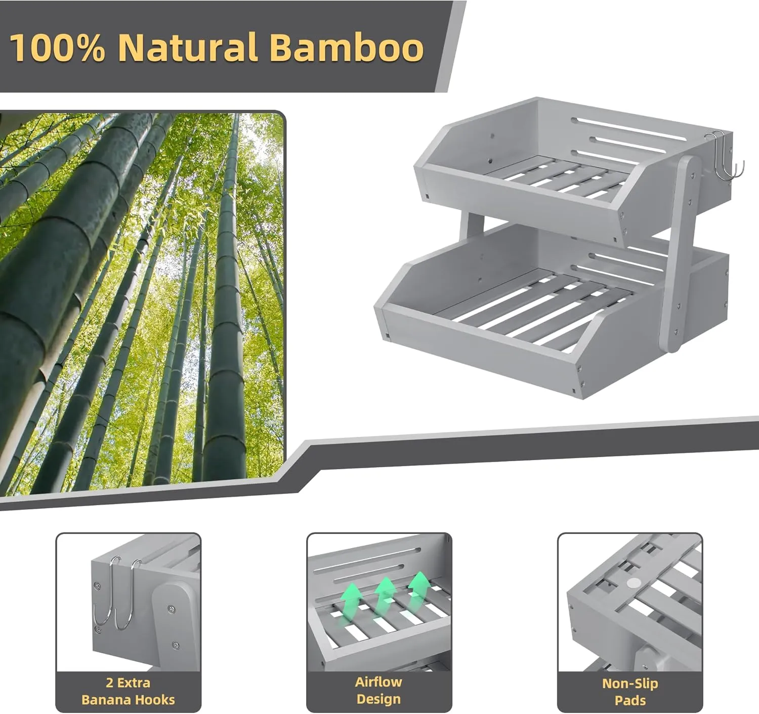 Bamboo 2 Tier Fruit Basket With Two Banana Hook, Fruit And Vegetables Basket, Large Capacity Wood Fruit Bowls, Fruit Organizer For Kitchen Counter, Onion Storage, Bread Pantry (Grey)