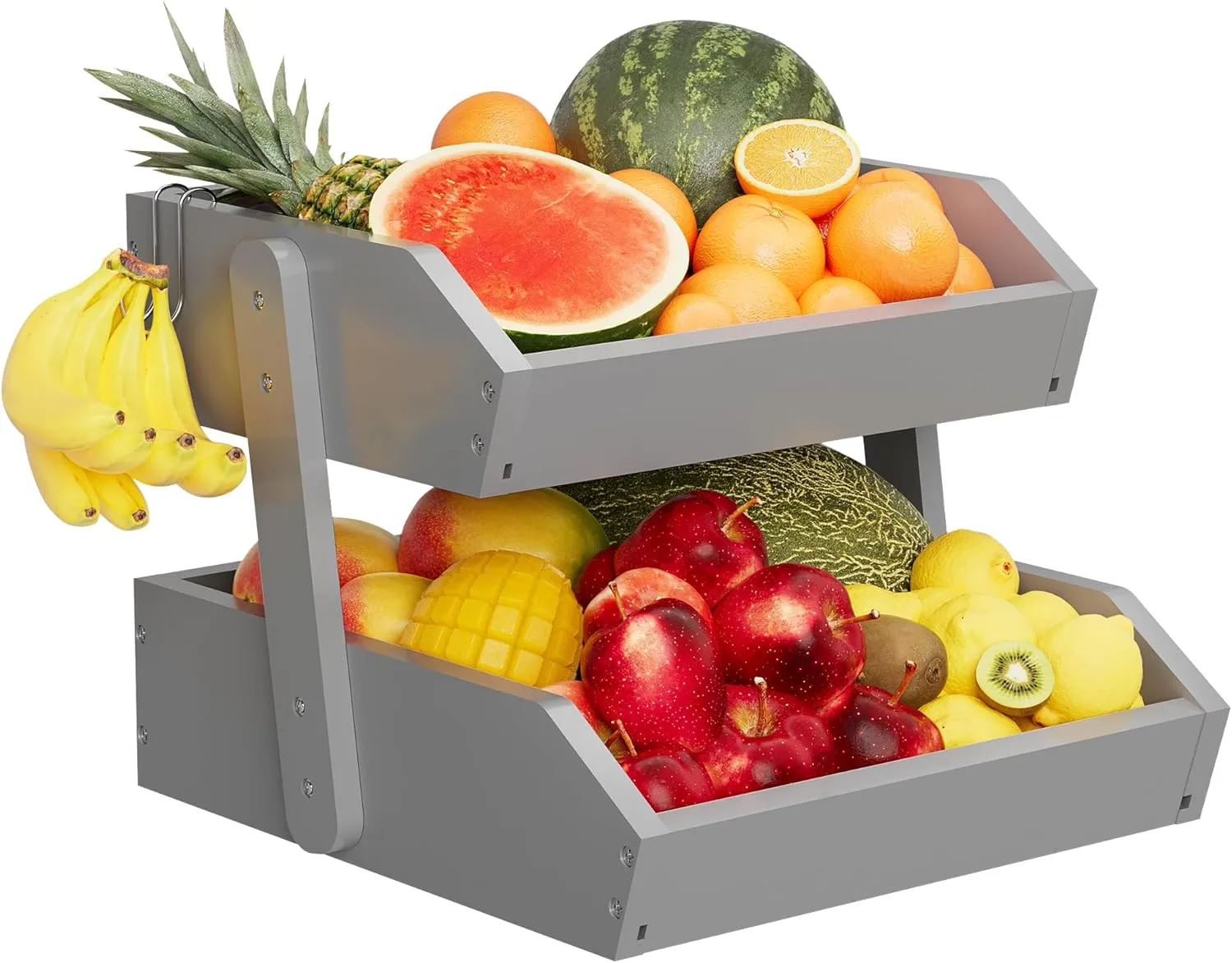 Bamboo 2 Tier Fruit Basket With Two Banana Hook, Fruit And Vegetables Basket, Large Capacity Wood Fruit Bowls, Fruit Organizer For Kitchen Counter, Onion Storage, Bread Pantry (Grey)