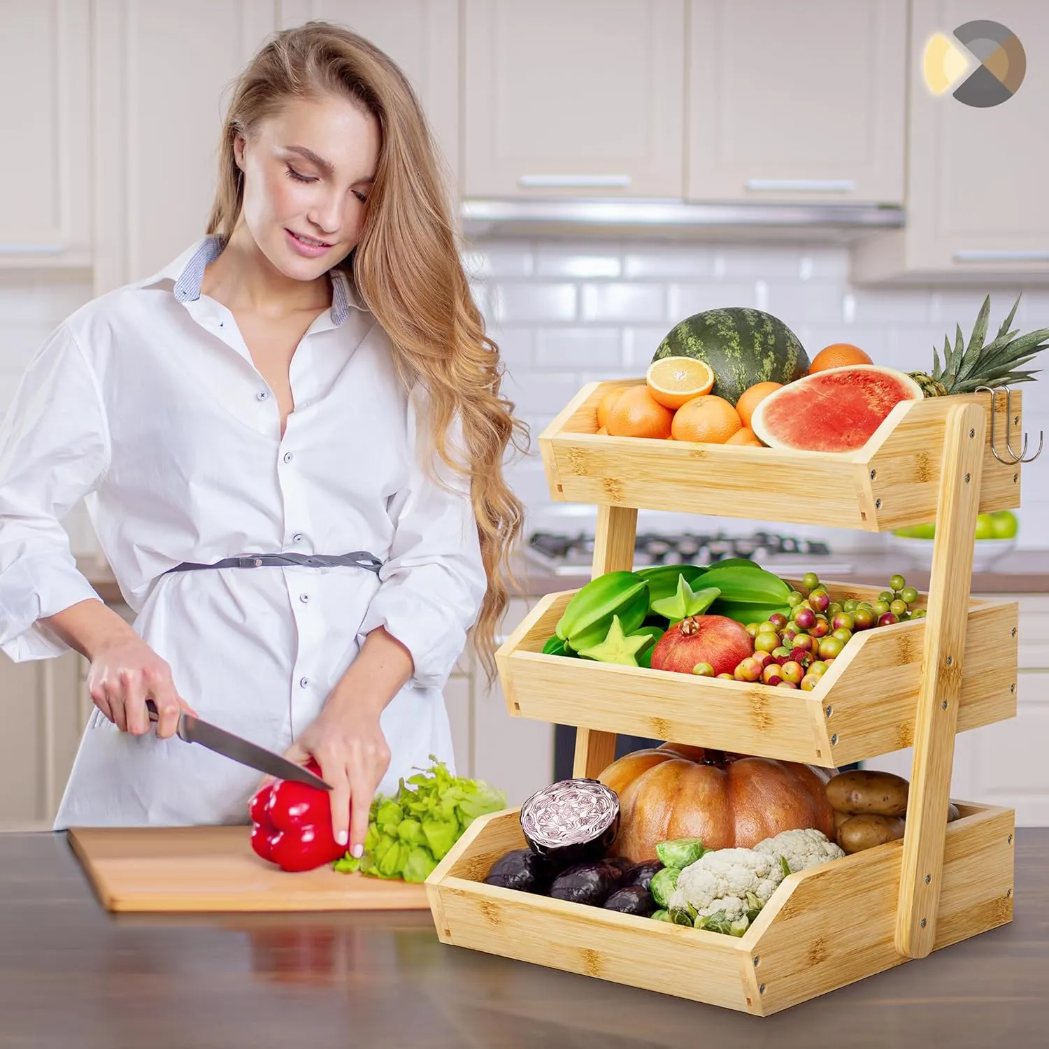 Bamboo 3 Tier Fruit Basket For Counter With Two Banana Hook, Fruit And Vegetables Basket, Large Capacity Wood Fruit Bowls, Fruit Organizer For Kitchen Counter, Onion Storage, Bread Pantry (Bamboo)