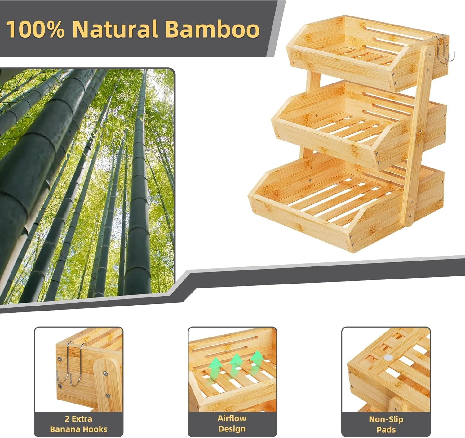 Bamboo 3 Tier Fruit Basket For Counter With Two Banana Hook, Fruit And Vegetables Basket, Large Capacity Wood Fruit Bowls, Fruit Organizer For Kitchen Counter, Onion Storage, Bread Pantry (Bamboo)