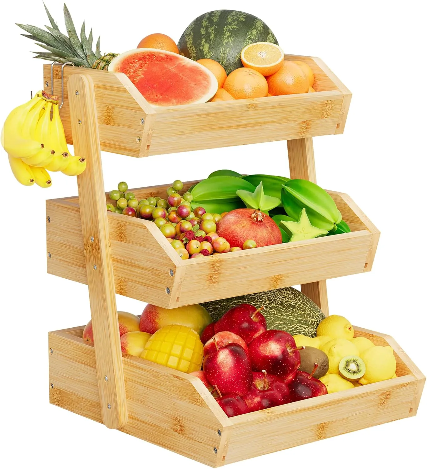 Bamboo 3 Tier Fruit Basket For Counter With Two Banana Hook, Fruit And Vegetables Basket, Large Capacity Wood Fruit Bowls, Fruit Organizer For Kitchen Counter, Onion Storage, Bread Pantry (Bamboo)