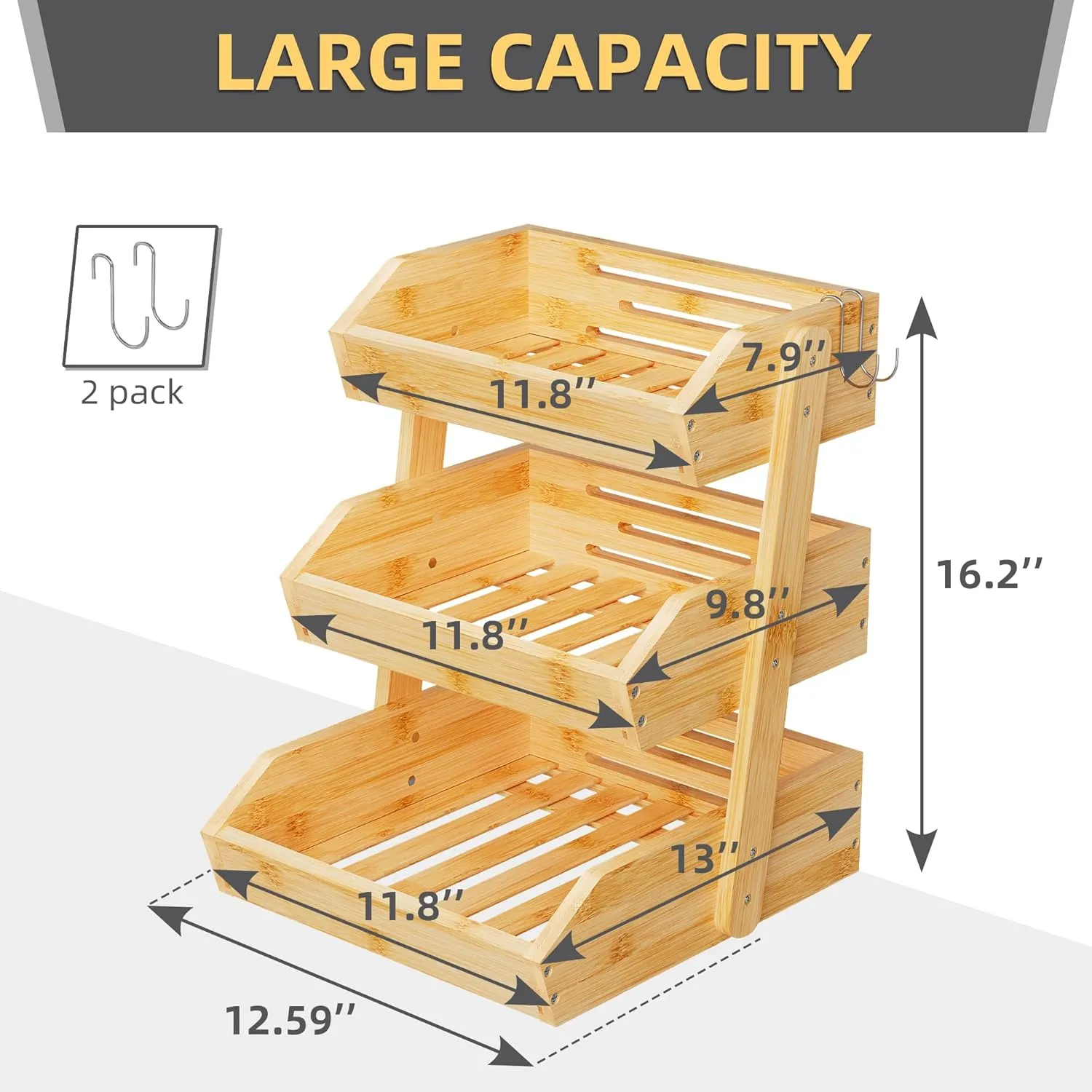 Bamboo 3 Tier Fruit Basket For Counter With Two Banana Hook, Fruit And Vegetables Basket, Large Capacity Wood Fruit Bowls, Fruit Organizer For Kitchen Counter, Onion Storage, Bread Pantry (Bamboo)