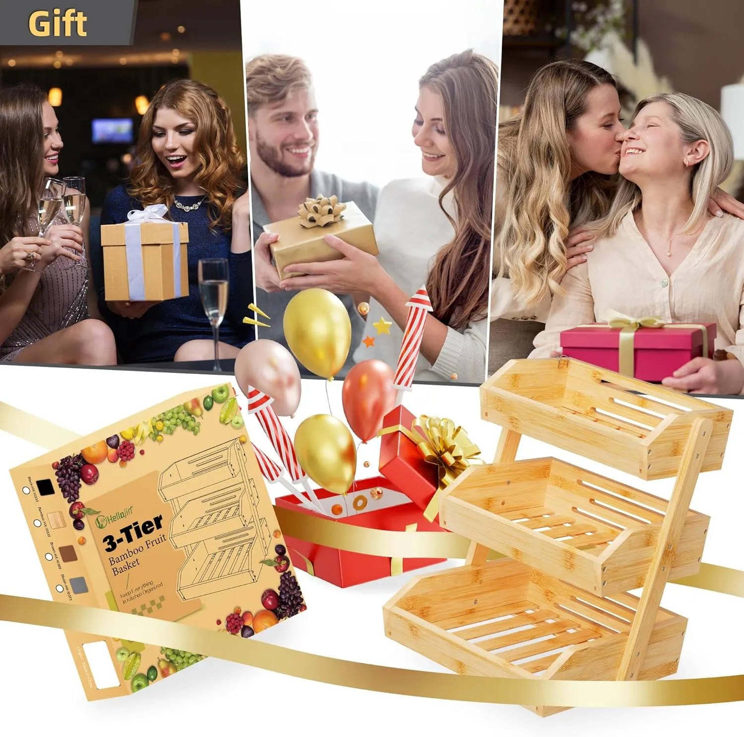 Bamboo 3 Tier Fruit Basket For Counter With Two Banana Hook, Fruit And Vegetables Basket, Large Capacity Wood Fruit Bowls, Fruit Organizer For Kitchen Counter, Onion Storage, Bread Pantry (Bamboo)