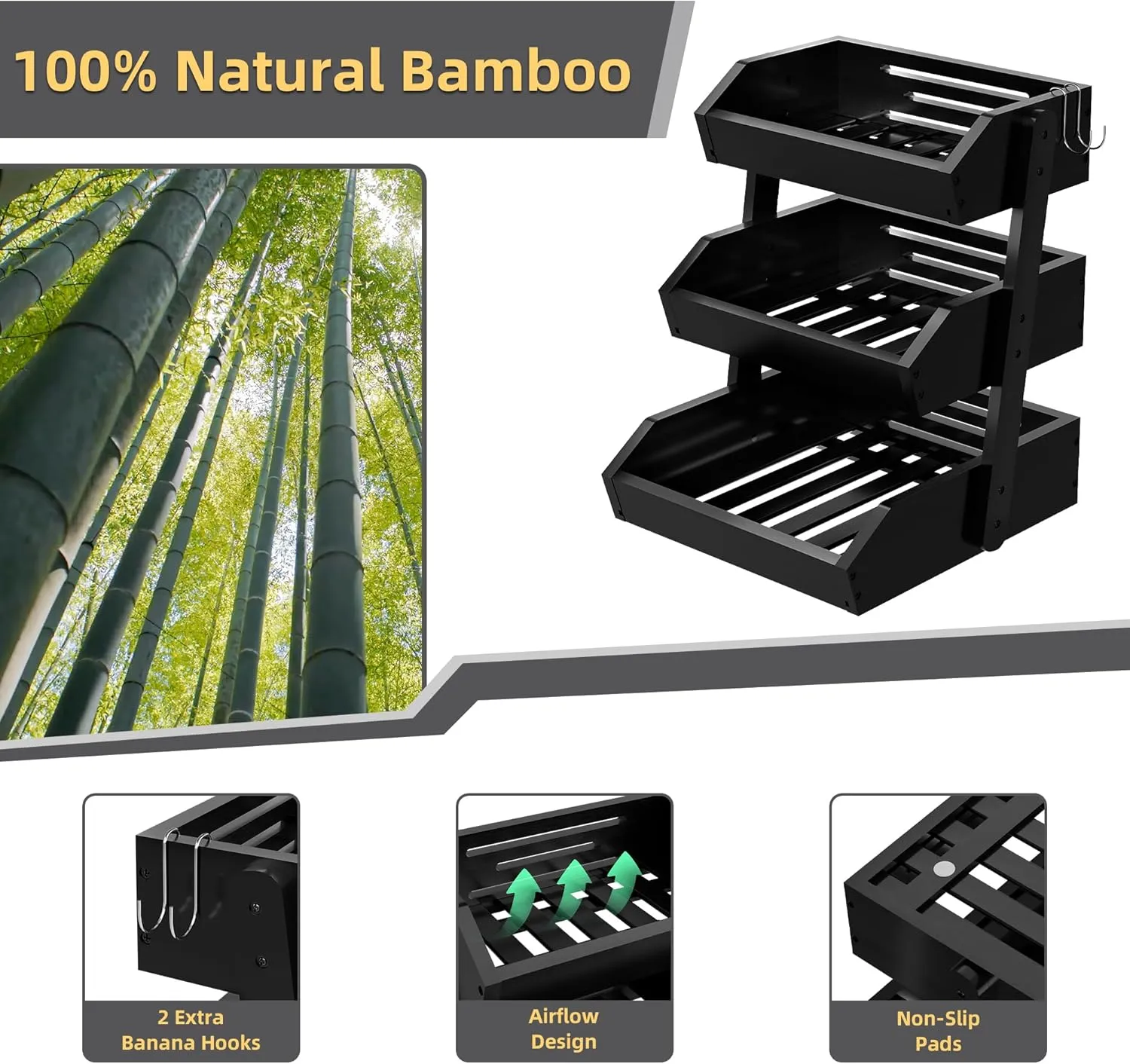 Bamboo 3 Tier Fruit Basket For Counter With Two Banana Hook, Fruit And Vegetables Basket, Large Capacity Wood Fruit Bowls, Fruit Organizer For Kitchen Counter, Onion Storage, Bread Pantry (Black)