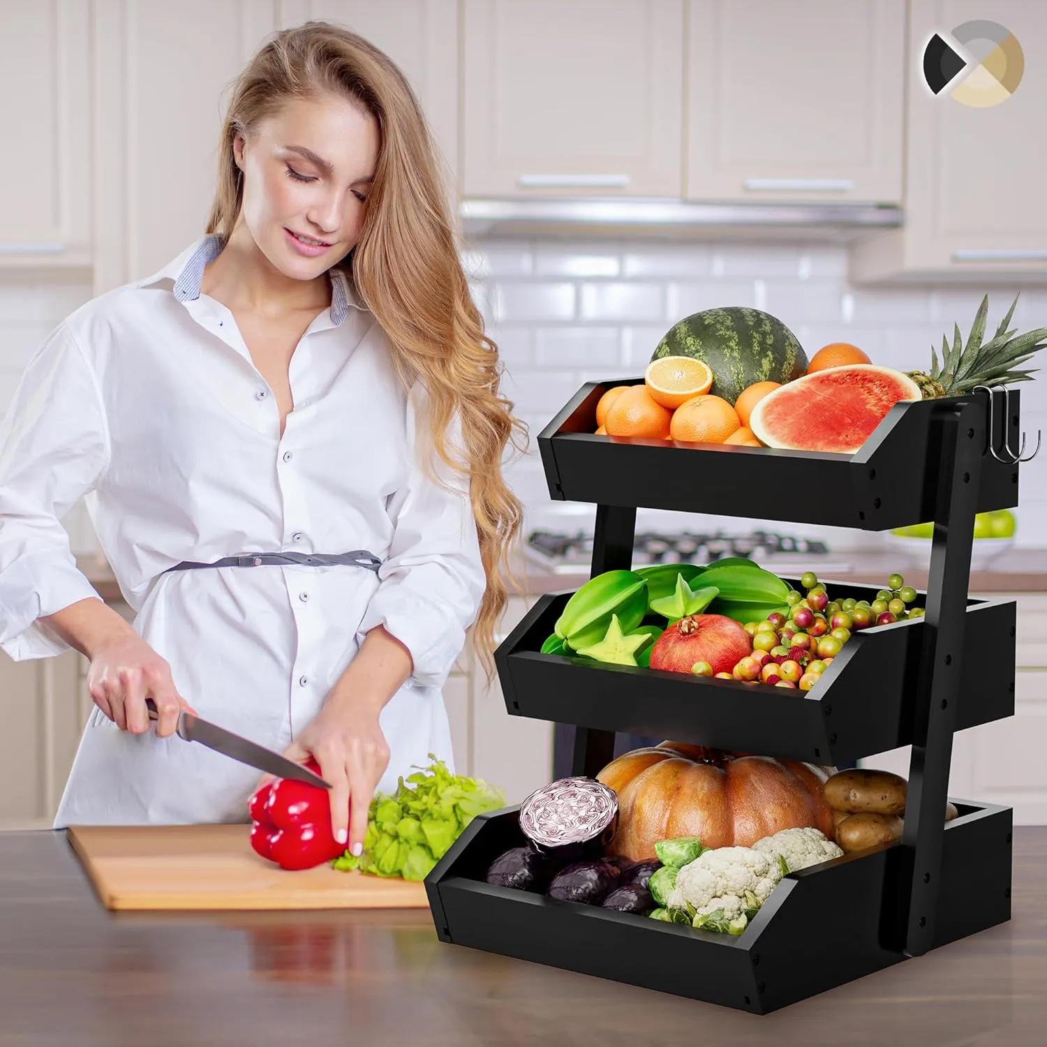 Bamboo 3 Tier Fruit Basket For Counter With Two Banana Hook, Fruit And Vegetables Basket, Large Capacity Wood Fruit Bowls, Fruit Organizer For Kitchen Counter, Onion Storage, Bread Pantry (Black)