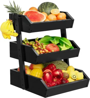 Bamboo 3 Tier Fruit Basket For Counter With Two Banana Hook, Fruit And Vegetables Basket, Large Capacity Wood Fruit Bowls, Fruit Organizer For Kitchen Counter, Onion Storage, Bread Pantry (Black)