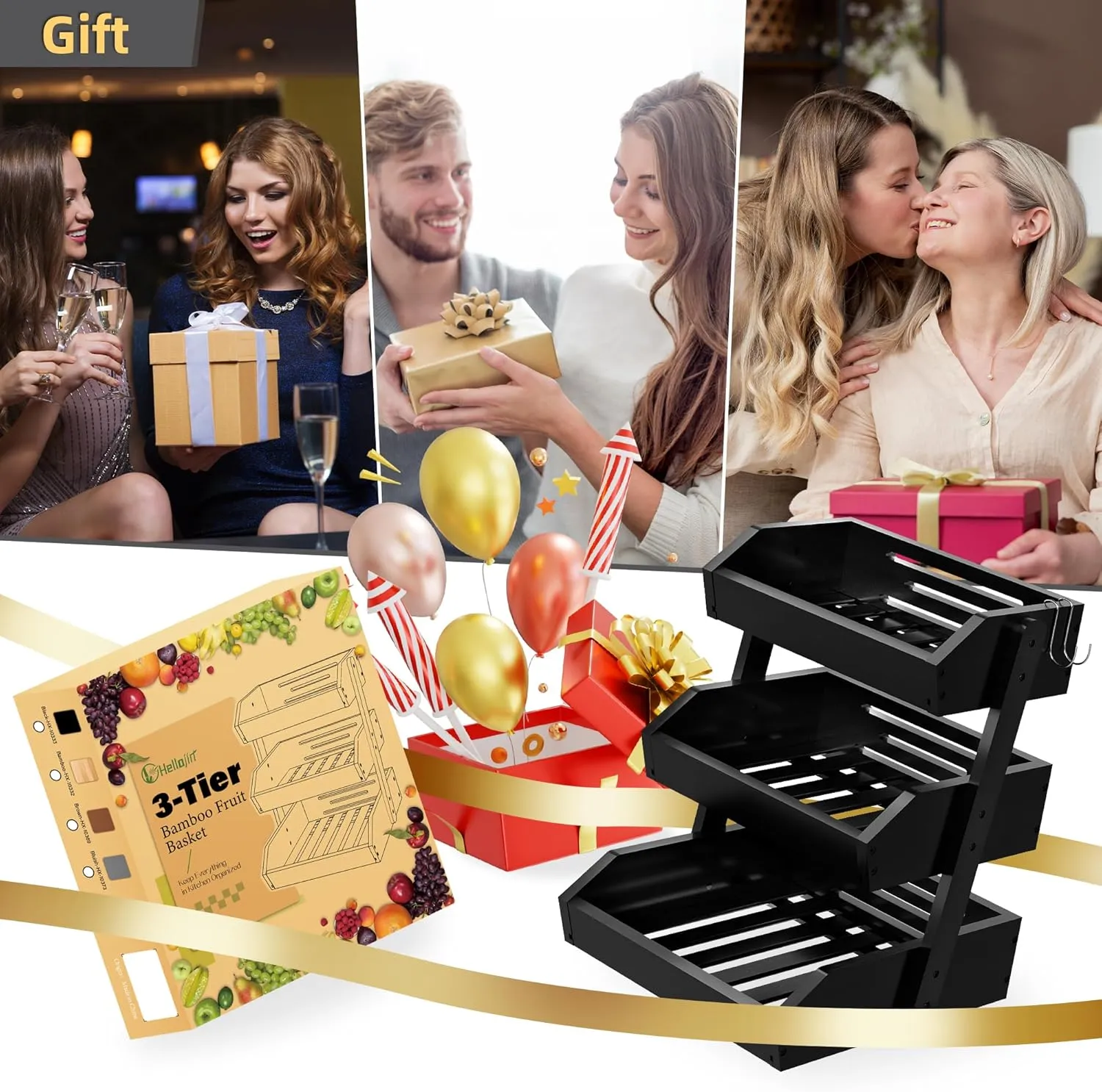 Bamboo 3 Tier Fruit Basket For Counter With Two Banana Hook, Fruit And Vegetables Basket, Large Capacity Wood Fruit Bowls, Fruit Organizer For Kitchen Counter, Onion Storage, Bread Pantry (Black)