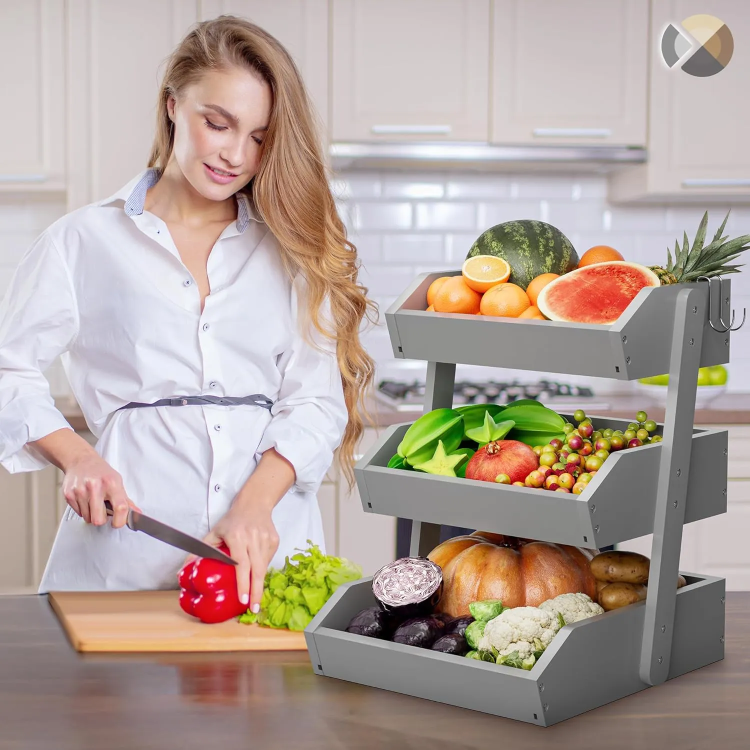 Bamboo 3 Tier Fruit Basket For Counter With Two Banana Hook, Fruit And Vegetables Basket, Large Capacity Wood Fruit Bowls, Fruit Organizer For Kitchen Counter, Onion Storage, Bread Pantry (Grey)