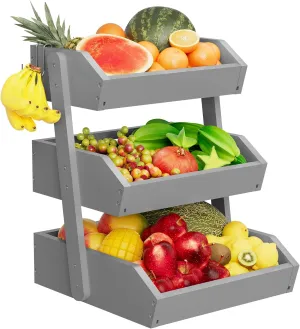 Bamboo 3 Tier Fruit Basket For Counter With Two Banana Hook, Fruit And Vegetables Basket, Large Capacity Wood Fruit Bowls, Fruit Organizer For Kitchen Counter, Onion Storage, Bread Pantry (Grey)