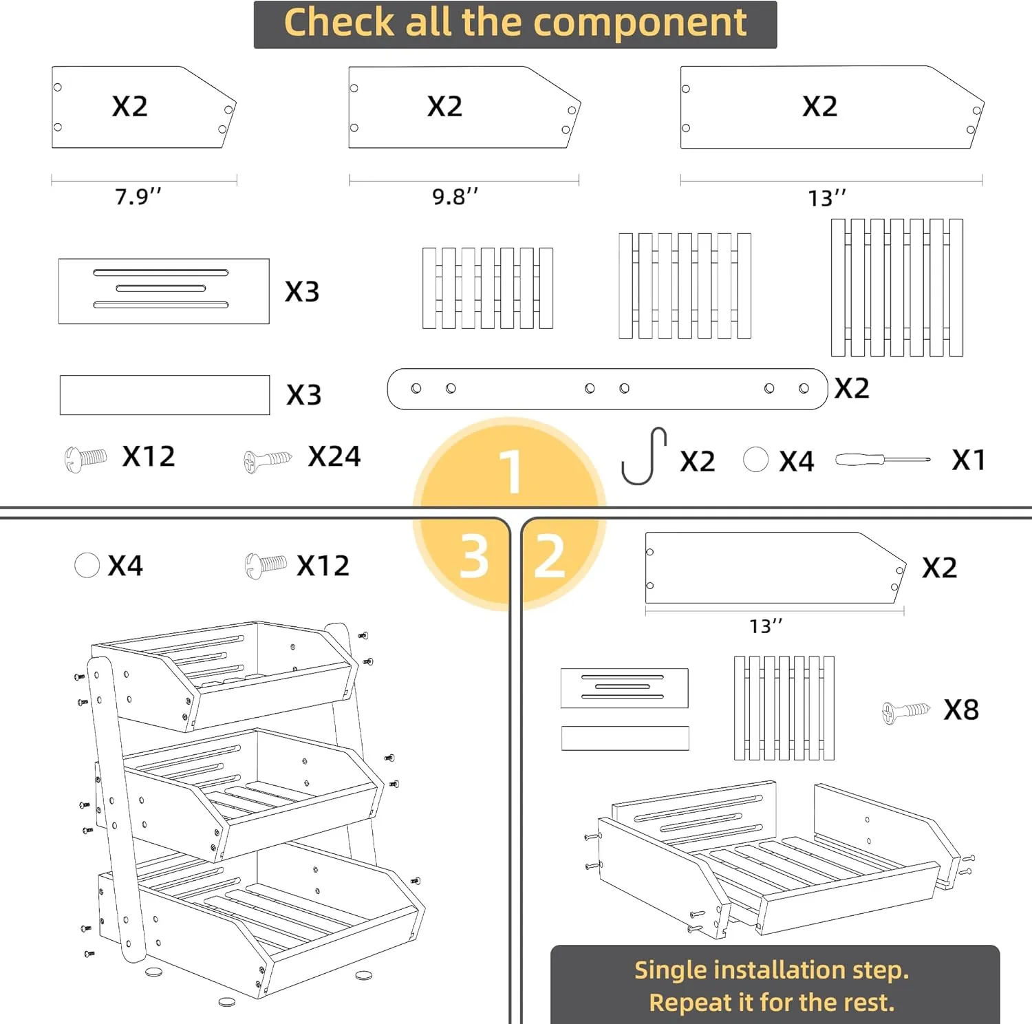 Bamboo 3 Tier Fruit Basket For Counter With Two Banana Hook, Fruit And Vegetables Basket, Large Capacity Wood Fruit Bowls, Fruit Organizer For Kitchen Counter, Onion Storage, Bread Pantry (Grey)