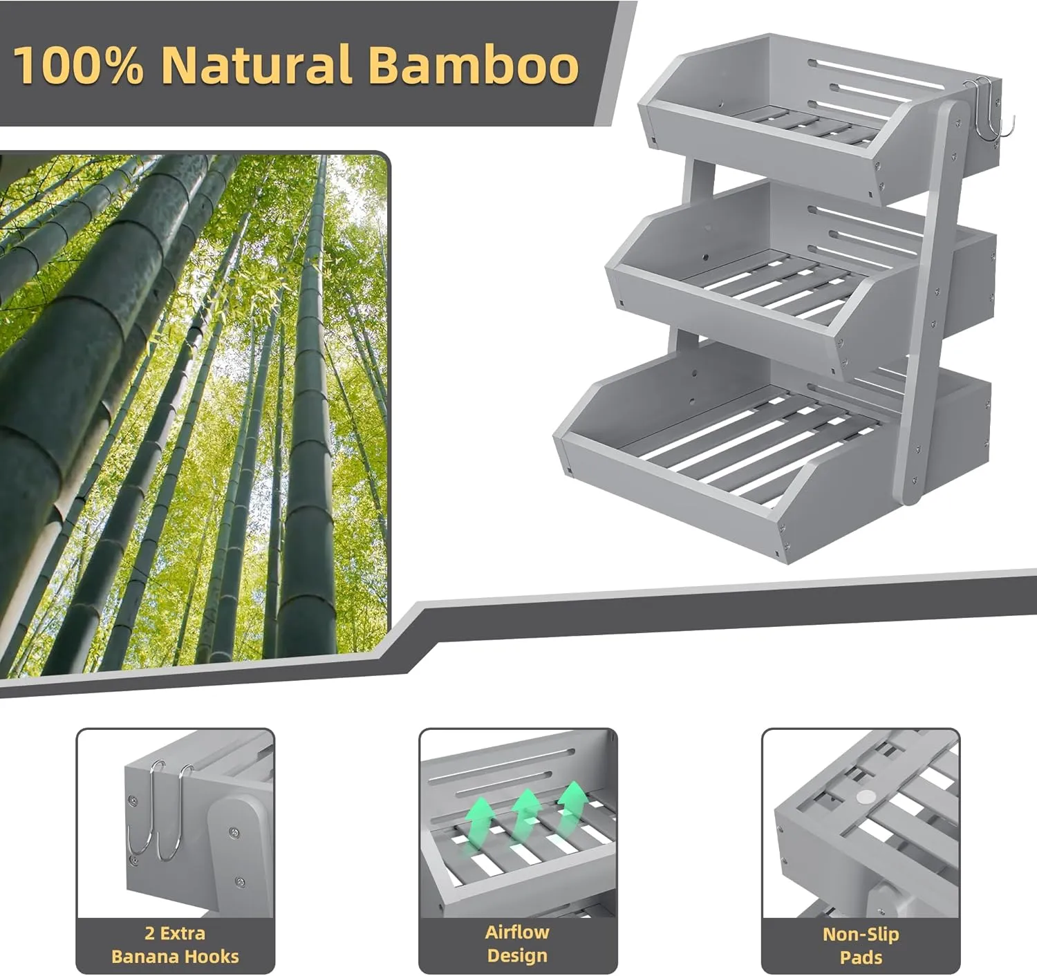 Bamboo 3 Tier Fruit Basket For Counter With Two Banana Hook, Fruit And Vegetables Basket, Large Capacity Wood Fruit Bowls, Fruit Organizer For Kitchen Counter, Onion Storage, Bread Pantry (Grey)