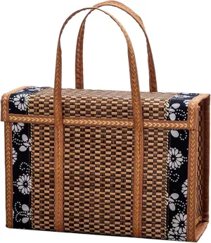 Bamboo Basket with Lid & Handle 14x6x10 Natural Woven Shopping Basket with Floral Trim Foldable Portable Picnic Bag for Outdoor, Picnic, Bamboo