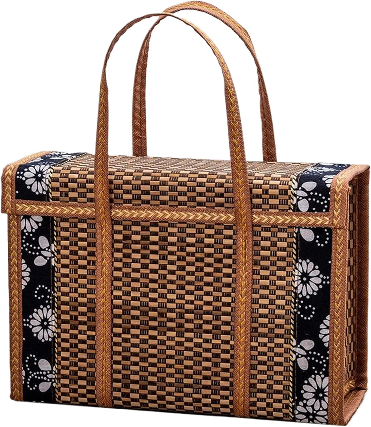 Bamboo Basket with Lid & Handle 14x6x10 Natural Woven Shopping Basket with Floral Trim Foldable Portable Picnic Bag for Outdoor, Picnic, Bamboo