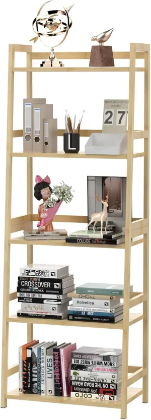 Bamboo Book Shelf, 5 Tier Bookcase, Display Storage Shelves, Tall Bookshelf for Books, CDs, Movies, Garage Kit, Industrial Corner Storage Organizer for Bedroom Home Office Kitchen Living Room-Natural