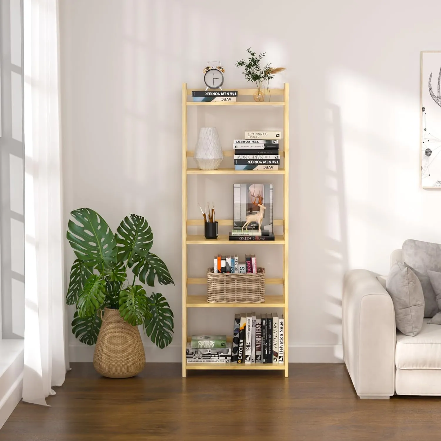 Bamboo Book Shelf, 5 Tier Bookcase, Display Storage Shelves, Tall Bookshelf for Books, CDs, Movies, Garage Kit, Industrial Corner Storage Organizer for Bedroom Home Office Kitchen Living Room-Natural