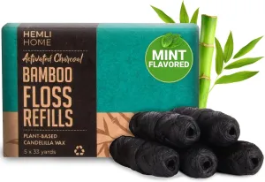 Bamboo Charcoal Dental Floss Refills, Bambo Woven Fibres, 5 x 33 Yards, Organic Refillable Dental Floss, Natural Floss, Eco-Friendly Floss. Plant-Based Candelilla Wax Floss with Natural Mint Flavoring