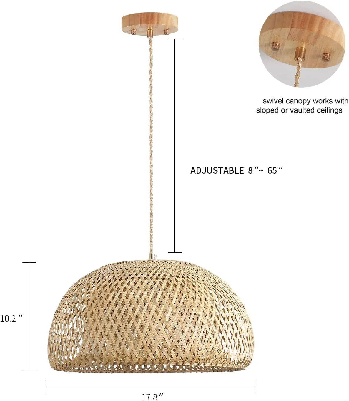 Bamboo Large Pendant Light Fixture 17.8 inch One-Light Adjustable Rustic Basket Handmade Woven Pendant Lighting for Kitchen Island Farmhouse Dining Room Living Room