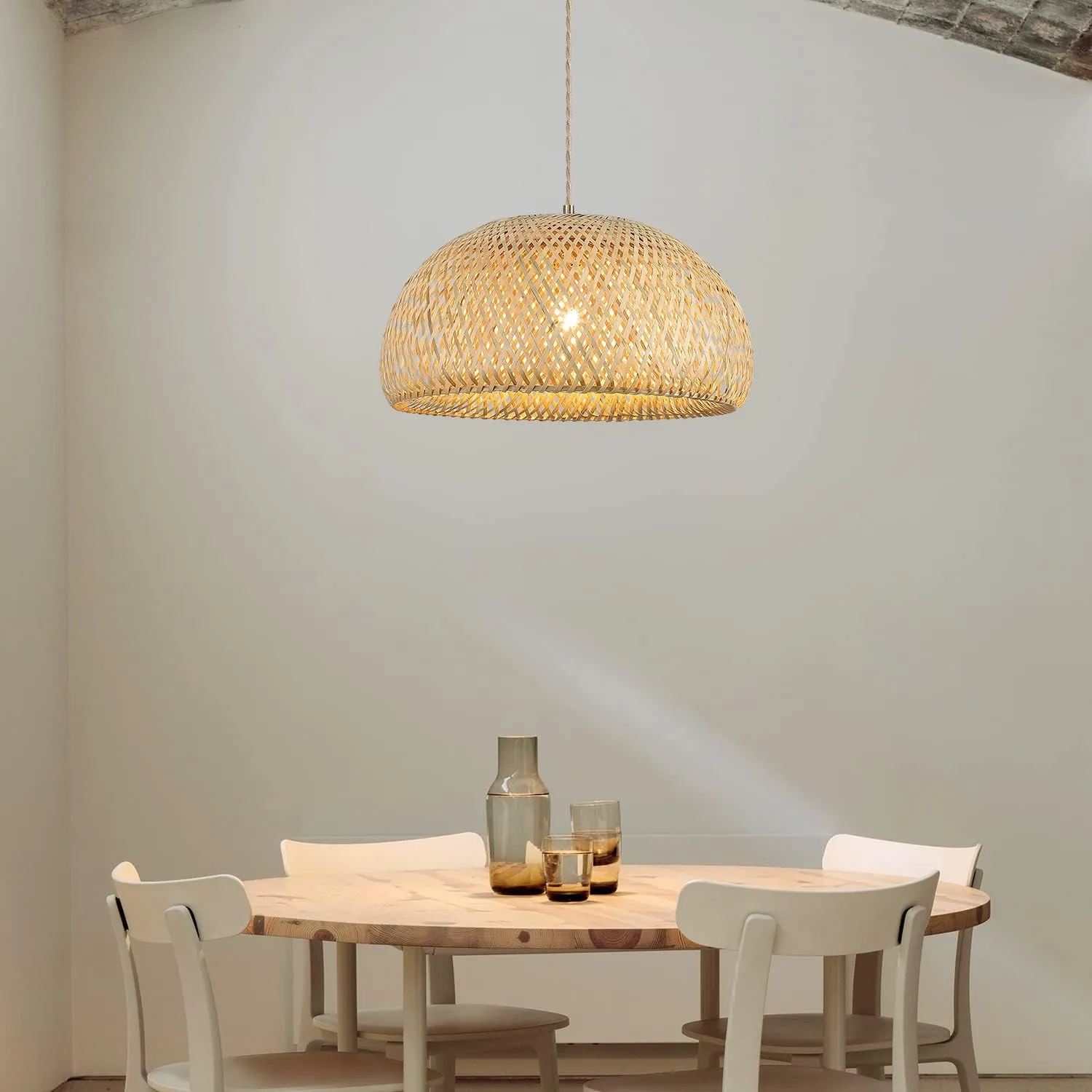 Bamboo Large Pendant Light Fixture 17.8 inch One-Light Adjustable Rustic Basket Handmade Woven Pendant Lighting for Kitchen Island Farmhouse Dining Room Living Room