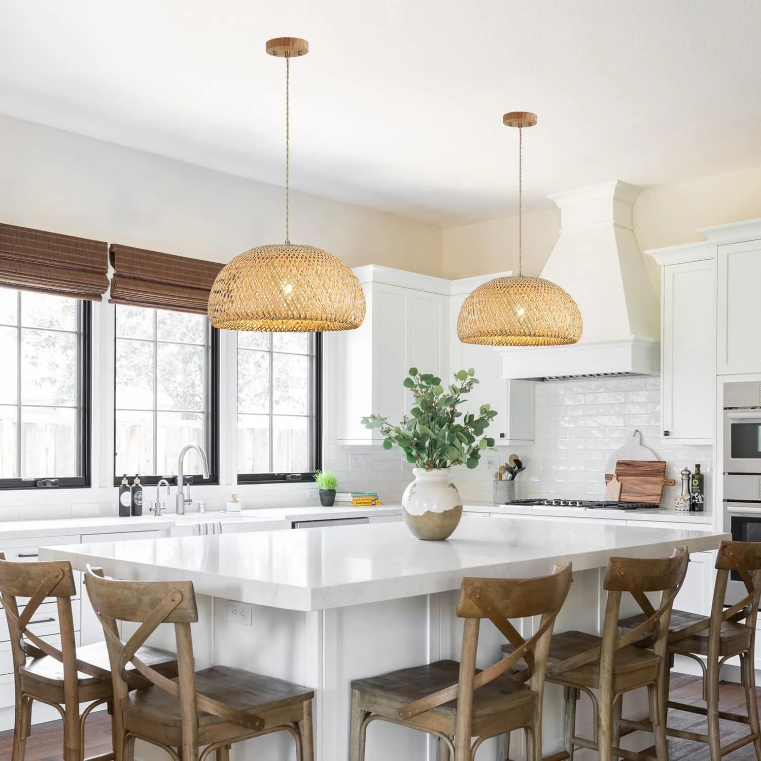 Bamboo Large Pendant Light Fixture 17.8 inch One-Light Adjustable Rustic Basket Handmade Woven Pendant Lighting for Kitchen Island Farmhouse Dining Room Living Room