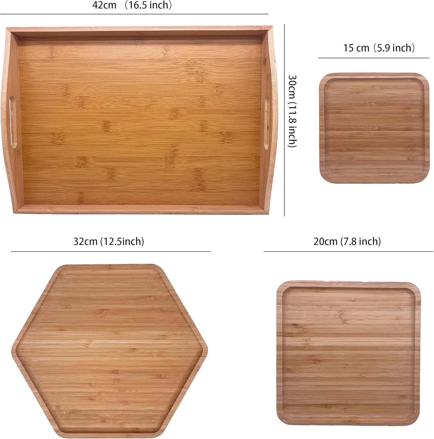 Bamboo Serving Trays Charcuterie Platter 16.5"x11.8"（42x30cm with Handle, Set Includes 1xHexagon 12.5"(32cm) 1xSquare 7.8"(20cm) 1xSquare 5.9"(15cm) Small Plates for Family Dinner