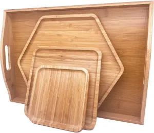 Bamboo Serving Trays Charcuterie Platter 16.5"x11.8"（42x30cm with Handle, Set Includes 1xHexagon 12.5"(32cm) 1xSquare 7.8"(20cm) 1xSquare 5.9"(15cm) Small Plates for Family Dinner