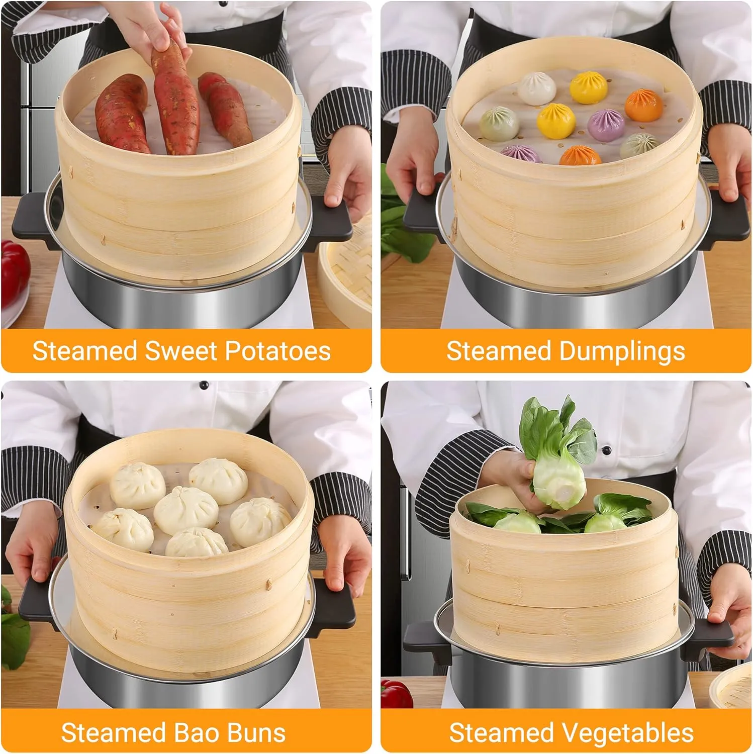 Bamboo Steamer Basket - 2-Tier Dumpling Steamer - 10 Inch Bamboo Steamer for Cooking Dim Sum, Momo, Rice - Bao Bun Steamer - Steaming Basket - Natural Chinese Steam Baskets with Steamer Ring Set