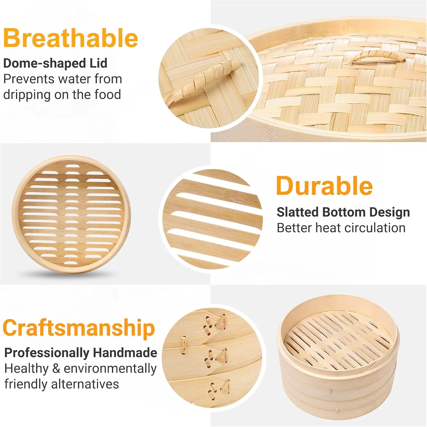 Bamboo Steamer Basket - 2-Tier Dumpling Steamer - 10 Inch Bamboo Steamer for Cooking Dim Sum, Momo, Rice - Bao Bun Steamer - Steaming Basket - Natural Chinese Steam Baskets with Steamer Ring Set