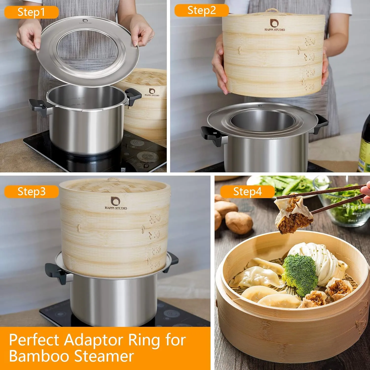 Bamboo Steamer Basket - 2-Tier Dumpling Steamer - 10 Inch Bamboo Steamer for Cooking Dim Sum, Momo, Rice - Bao Bun Steamer - Steaming Basket - Natural Chinese Steam Baskets with Steamer Ring Set