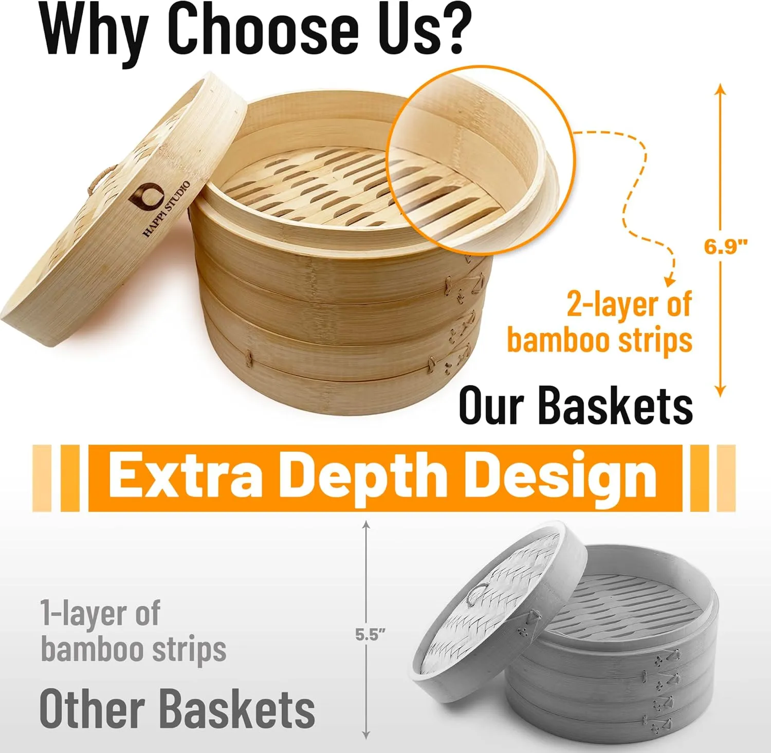 Bamboo Steamer Basket - 2-Tier Dumpling Steamer - 10 Inch Bamboo Steamer for Cooking Dim Sum, Momo, Rice - Bao Bun Steamer - Steaming Basket - Natural Chinese Steam Baskets with Steamer Ring Set