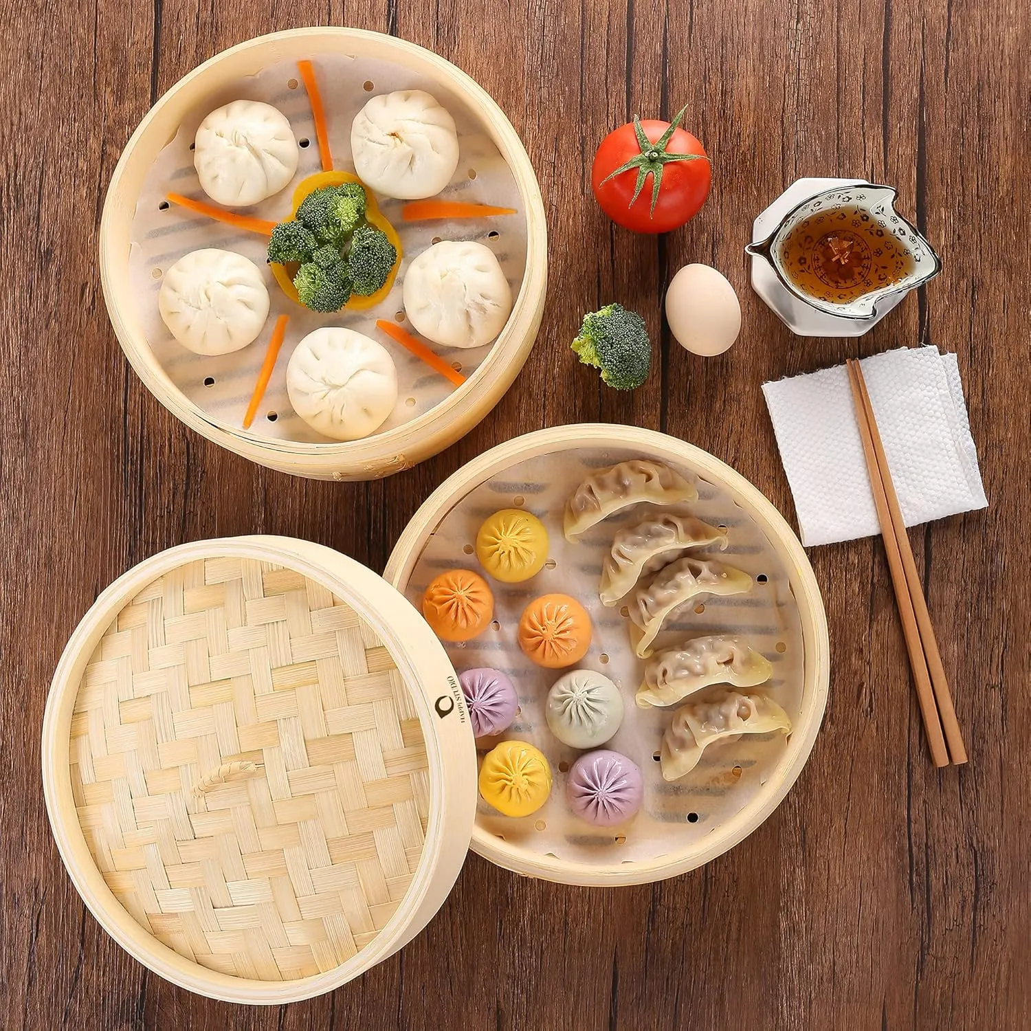 Bamboo Steamer Basket - 2-Tier Dumpling Steamer - 10 Inch Bamboo Steamer for Cooking Dim Sum, Momo, Rice - Bao Bun Steamer - Steaming Basket - Natural Chinese Steam Baskets with Steamer Ring Set