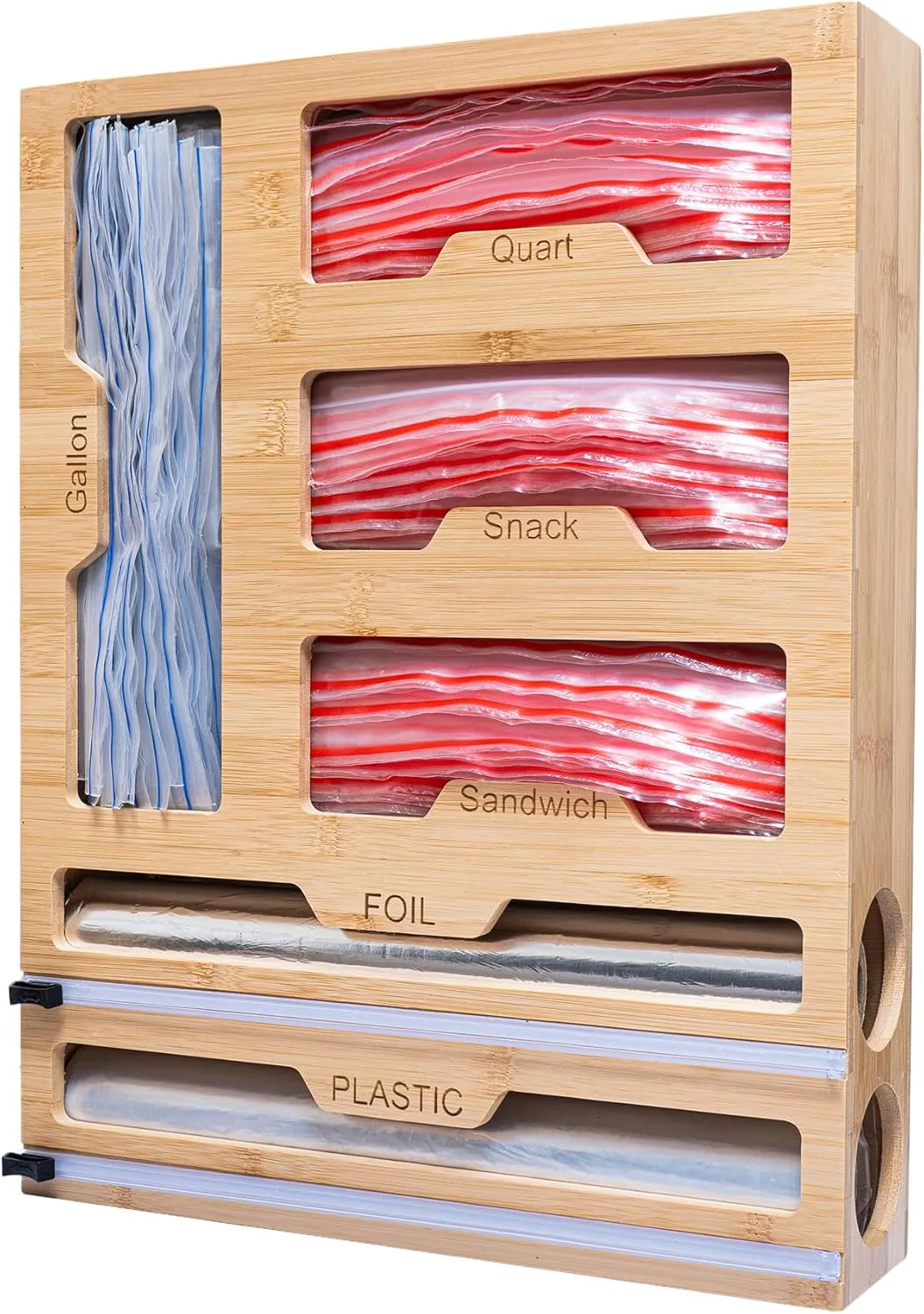 Bamboo Storage Bag Organizer - 6 in 1 Foil and Plastic Wrap Organizer with Cutter suitable for Gallon, Quart, Sandwich Bag and Wrapping Papers.