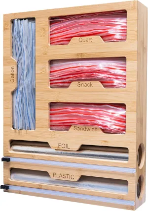 Bamboo Storage Bag Organizer - 6 in 1 Foil and Plastic Wrap Organizer with Cutter suitable for Gallon, Quart, Sandwich Bag and Wrapping Papers.