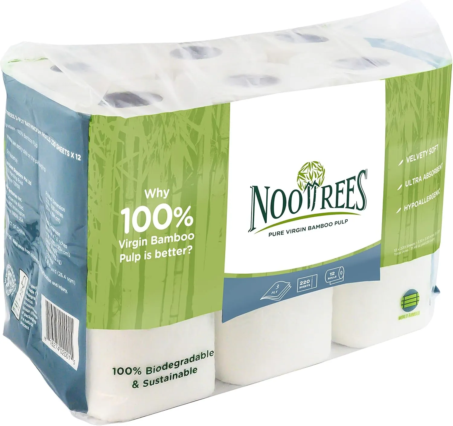 Bamboo Toilet Tissue, Tree Free, 100% Biodegradable, Sustainable, Renewable and FSC Certified 3-ply Toilet Paper, 220 Sheets, 12 Rolls, Pack of 1