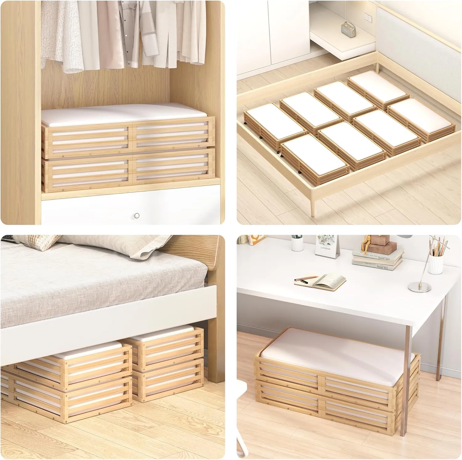 Bamboo Under Bed Storage Containers- Underbed Organizer with Wheels with Large Capacity Dust Bag,Sturdy Wood Rolling Under Bed Shoe Storage Organizer 2 Packs (Nature, 2 Packs (33.07"×16.54"))