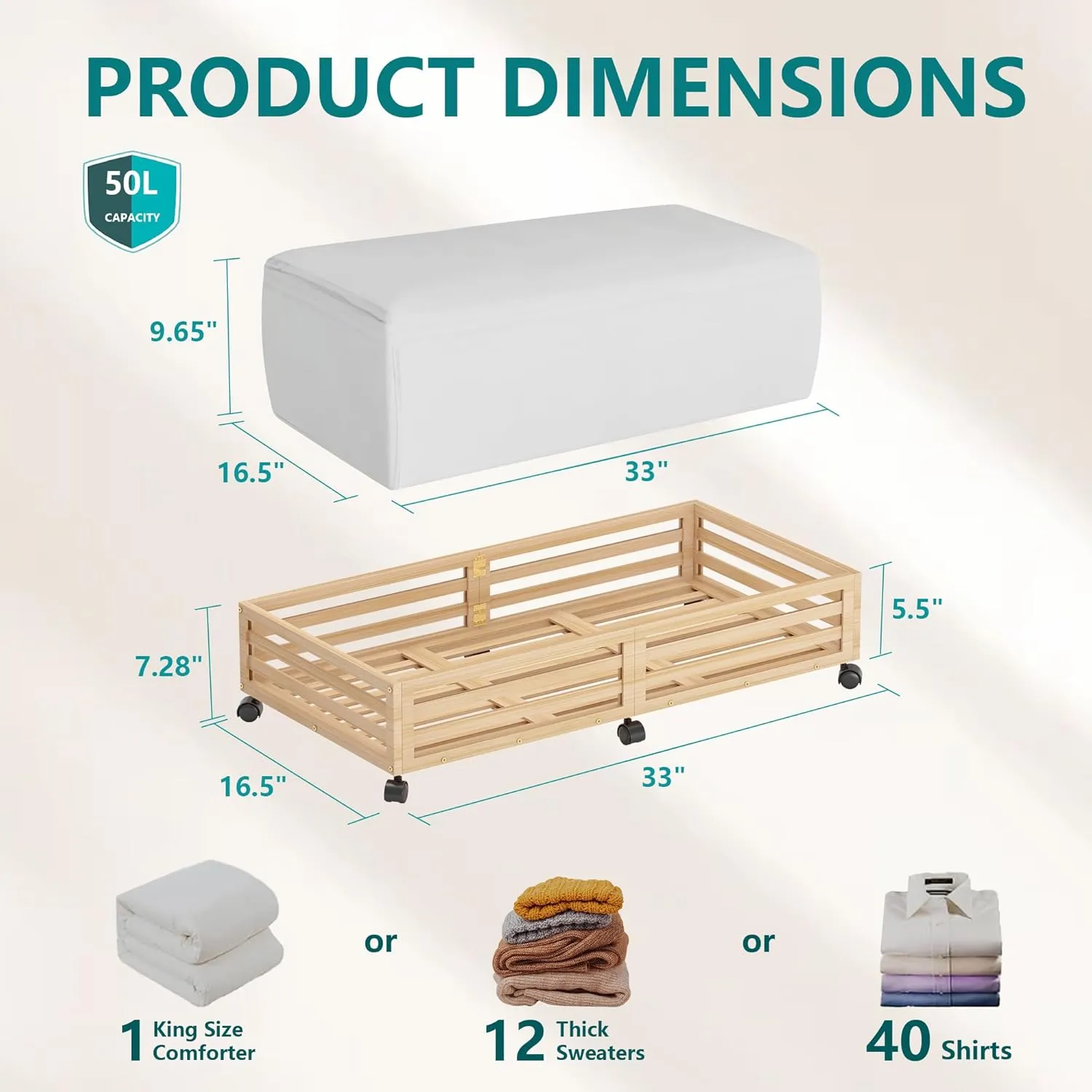 Bamboo Under Bed Storage Containers- Underbed Organizer with Wheels with Large Capacity Dust Bag,Sturdy Wood Rolling Under Bed Shoe Storage Organizer 2 Packs (Nature, 2 Packs (33.07"×16.54"))