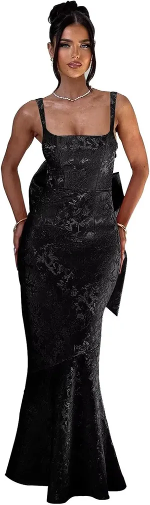 Basgute Floral Jacquard Satin Prom Dresses for Women with Bow Mermaid Long Formal Evening Party Gown