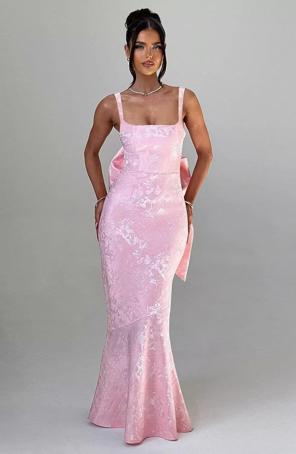 Basgute Floral Jacquard Satin Prom Dresses for Women with Bow Mermaid Long Formal Evening Party Gown