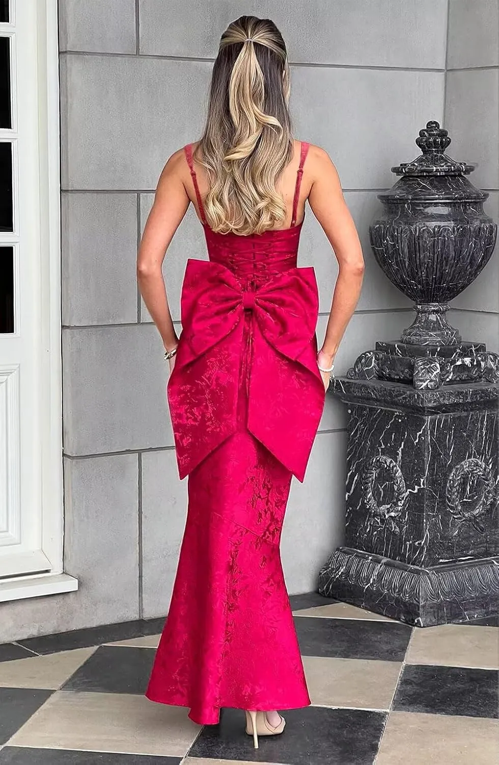 Basgute Floral Jacquard Satin Prom Dresses for Women with Bow Mermaid Long Formal Evening Party Gown