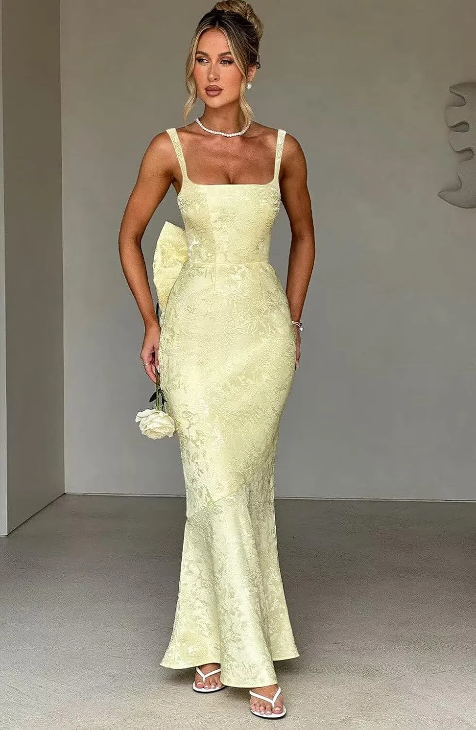 Basgute Floral Jacquard Satin Prom Dresses for Women with Bow Mermaid Long Formal Evening Party Gown