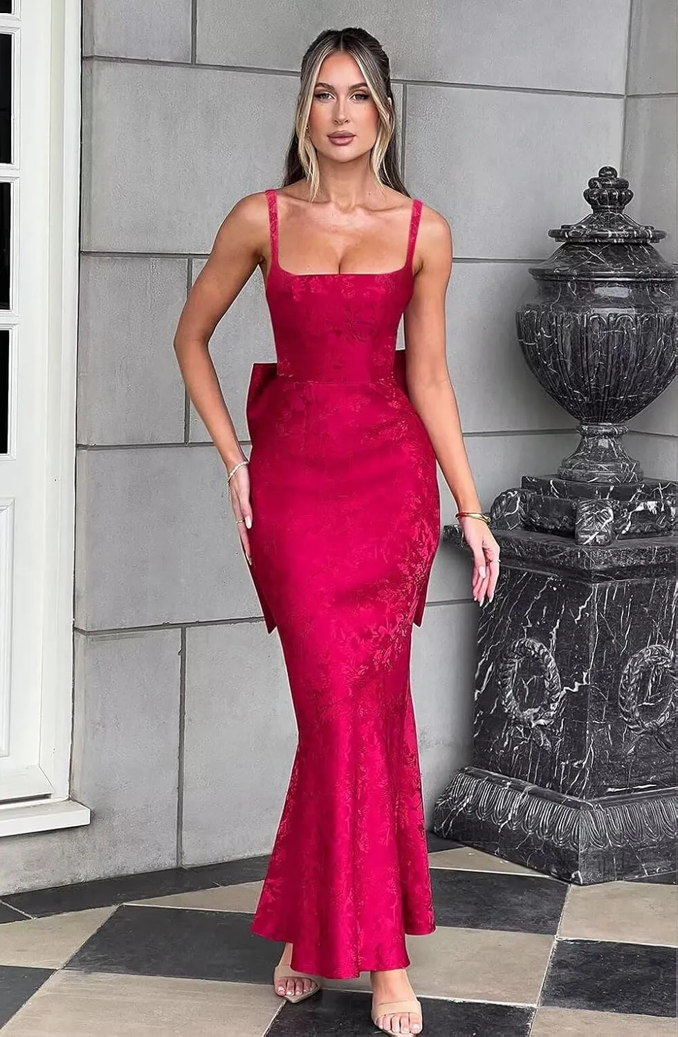 Basgute Floral Jacquard Satin Prom Dresses for Women with Bow Mermaid Long Formal Evening Party Gown