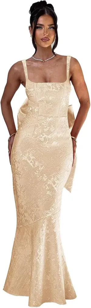 Basgute Floral Jacquard Satin Prom Dresses for Women with Bow Mermaid Long Formal Evening Party Gown