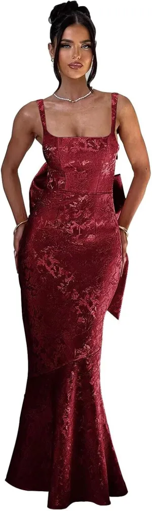 Basgute Floral Jacquard Satin Prom Dresses for Women with Bow Mermaid Long Formal Evening Party Gown