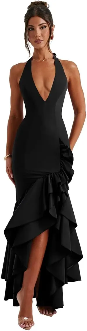 Basgute Satin Halter Prom Dresses for Women Ruffles Mermaid Long Deep V-Neck Formal Evening Party Gown with Slit