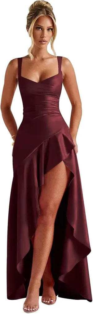 Basgute Satin Ruffles Prom Dresses for Teens Slit Long Corset Mermaid High-Low Formal Evening Gown for Women