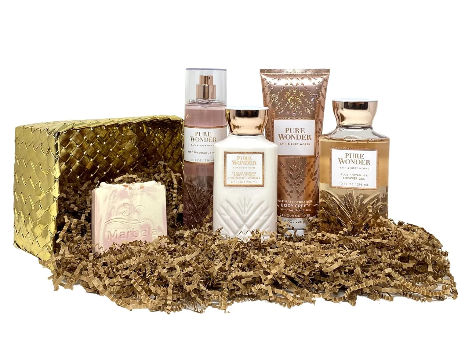 Bath & Body Works Pure Wonder Gold Woven Basket Deluxe Gift Set Bundle - Fragrance Mist - Body Cream - Shower Gel and Body Lotion - with a Himalayan Salts Springs Bar Soap - Full Size