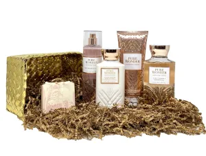 Bath & Body Works Pure Wonder Gold Woven Basket Deluxe Gift Set Bundle - Fragrance Mist - Body Cream - Shower Gel and Body Lotion - with a Himalayan Salts Springs Bar Soap - Full Size