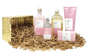 Bath and Body Work Aroma Inspire Love ROSE & VANILLA Gold Woven Basket Deluxe Gift Set - Body Cream - Body Lotion - Body Wash   Foam Bath - Essential Oil Mist and Cleansing Bar - Full Size